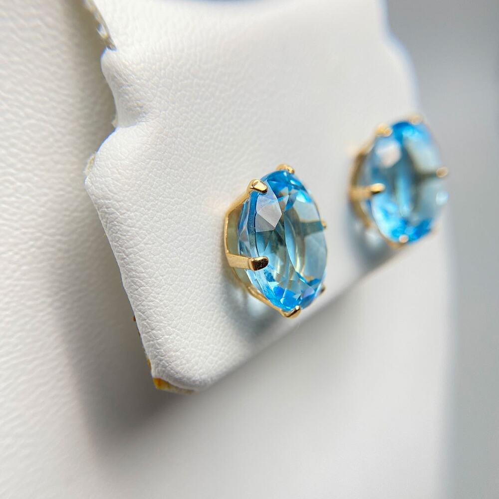 14K Gold Large Oval Blue Topaz Statement Stud Earrings 5.68g